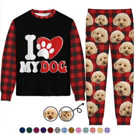 Pet Lovers, Dog Lovers, Cat Lovers - Custom Photo I Love My Dog Cat Pet - Personalized Unisex Pajamas Set
