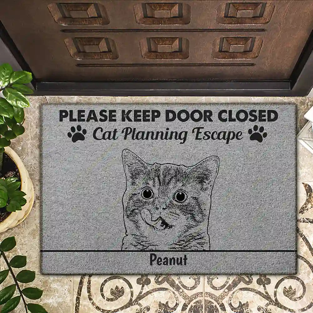 Pet Lovers, Dog Lovers, Cat Lovers - Custom Photo Dogs Cats Pets Planning Escape Pencil Drawing - Personalized Doormat
