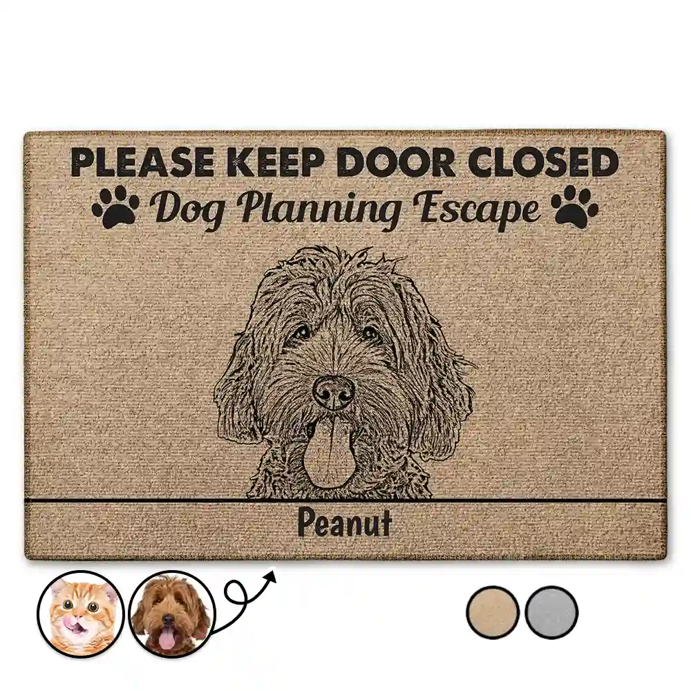 Pet Lovers, Dog Lovers, Cat Lovers - Custom Photo Dogs Cats Pets Planning Escape Pencil Drawing - Personalized Doormat
