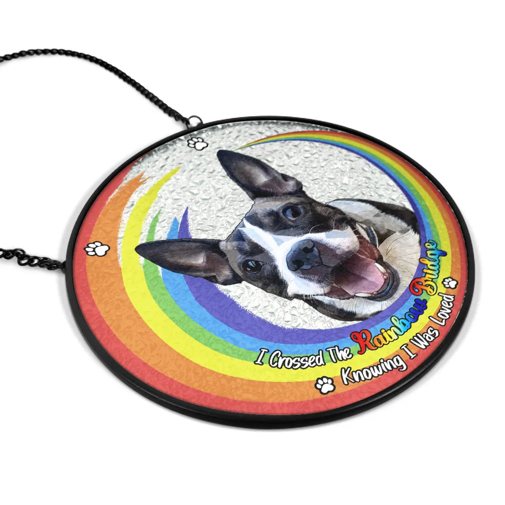 Pet Lovers, Dog Lovers, Cat Lovers - Custom Photo Portrait Dog Cat At The Rainbow Bridge Memorial - Personalized Stained Glass Window Hanging Suncatcher