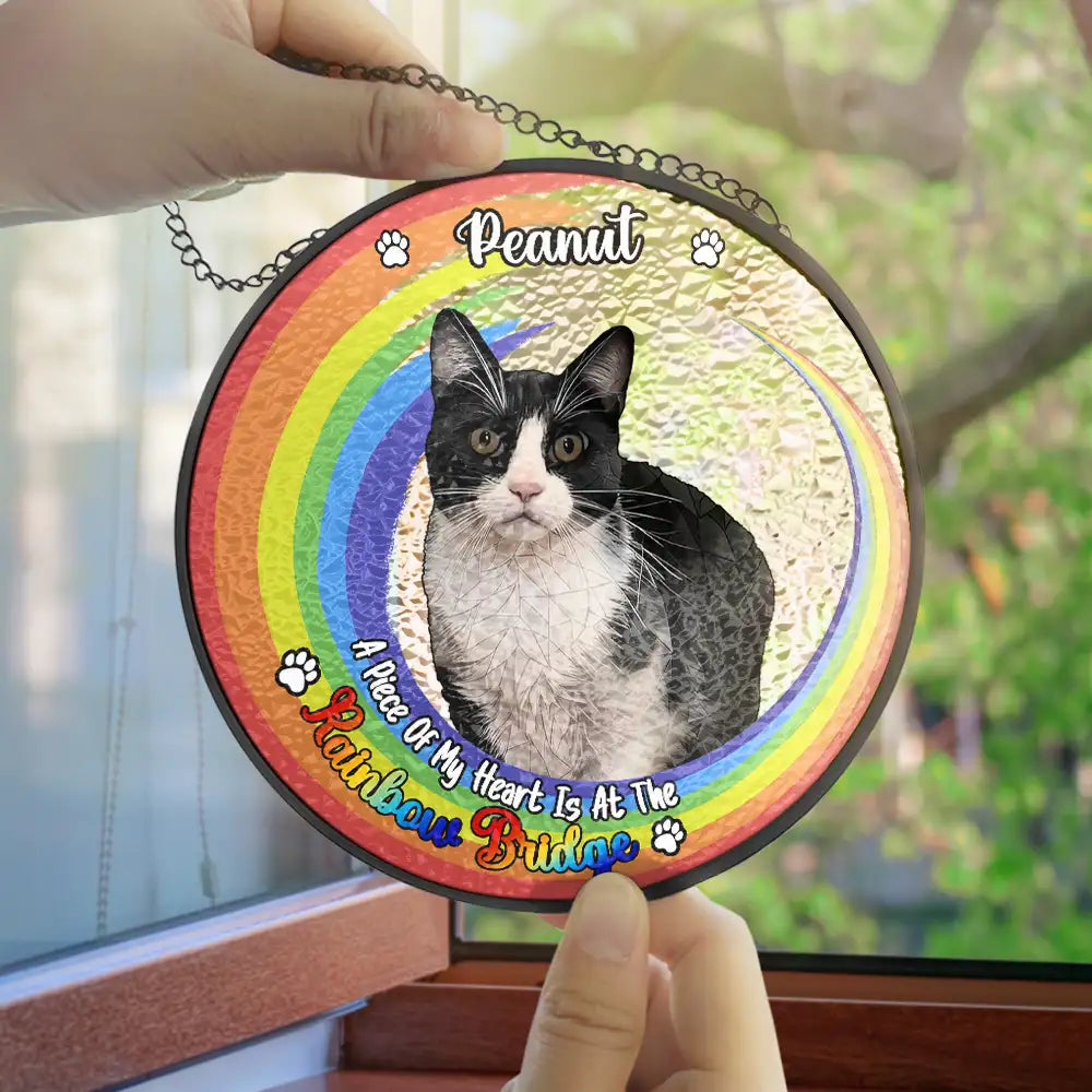 Pet Lovers, Dog Lovers, Cat Lovers - Custom Photo Portrait Dog Cat At The Rainbow Bridge Memorial - Personalized Stained Glass Window Hanging Suncatcher