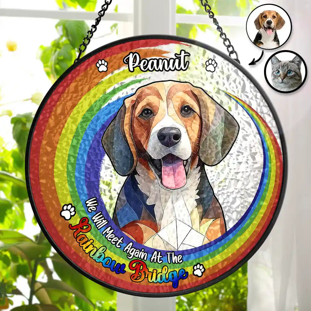 Pet Lovers, Dog Lovers, Cat Lovers - Custom Photo Portrait Dog Cat At The Rainbow Bridge Memorial - Personalized Stained Glass Window Hanging Suncatcher