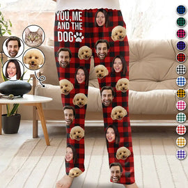 Gift For Couples, Gift For Husband, Gift For Wife, Gift For Boyfriend, Gift For Girlfriend, Pet Lovers, Dog Lovers, Cat Lovers - Custom Photo You & Me And The Dog Cat Pet Plaid Pattern - Personalized Pajama Pants