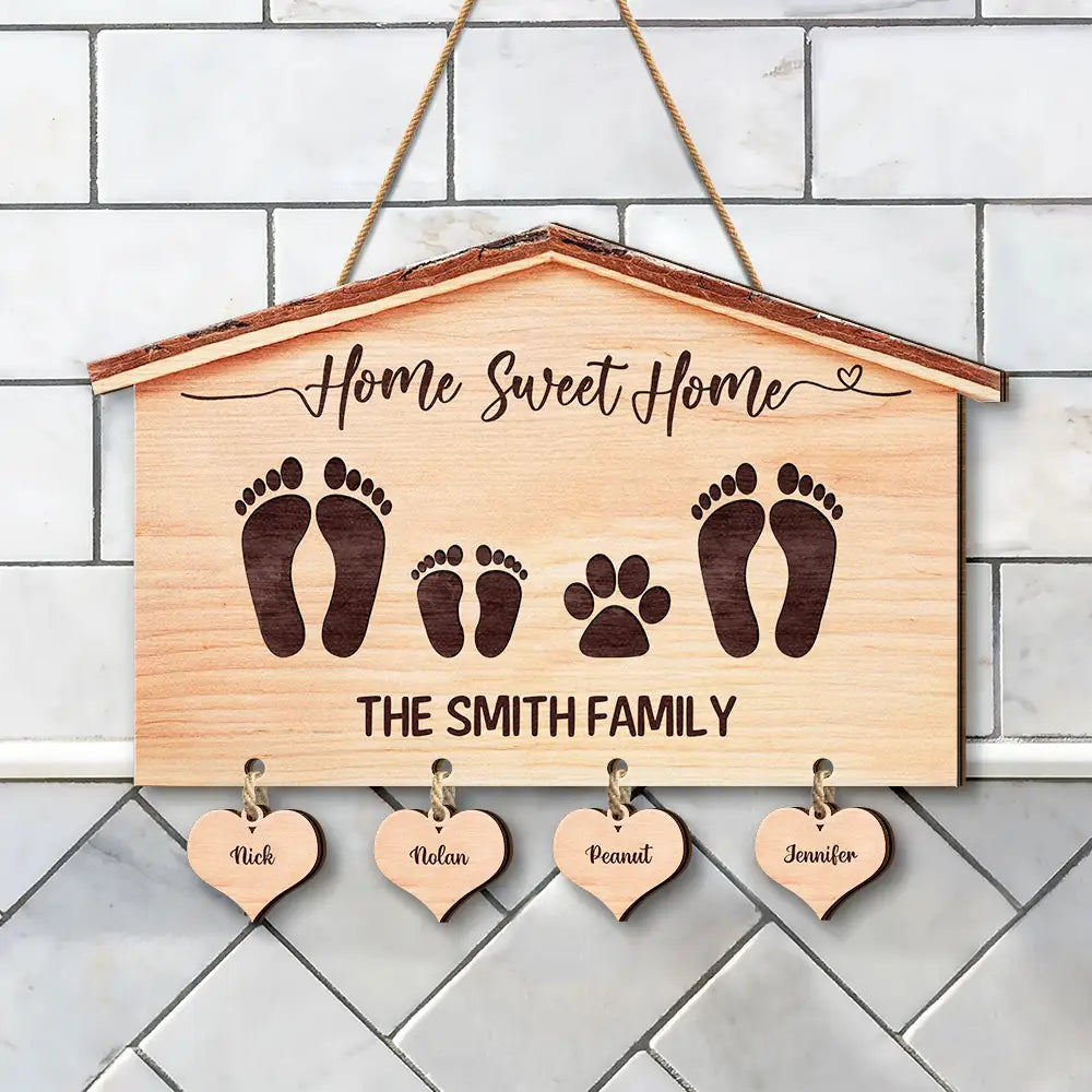 Family, Pet Lovers, Dog Lovers, Cat Lovers - Home Sweet Home Family Dog Cat - Personalized Custom Shaped Wood Sign With Wooden Tags
