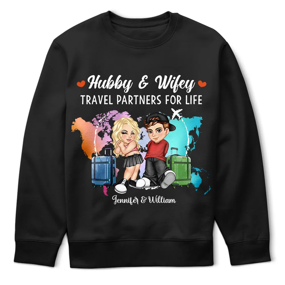 Continue Shopping,Gift For Couples,Gift For Husband,Gift For Wife,Gift For Boyfriend,Gift For Girlfriend,Travel,Happy - Y2K Couple Hubby & Wifey Travel Partners For Life - Personalized T Shirt