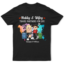 Continue Shopping,Gift For Couples,Gift For Husband,Gift For Wife,Gift For Boyfriend,Gift For Girlfriend,Travel,Happy - Y2K Couple Hubby & Wifey Travel Partners For Life - Personalized T Shirt