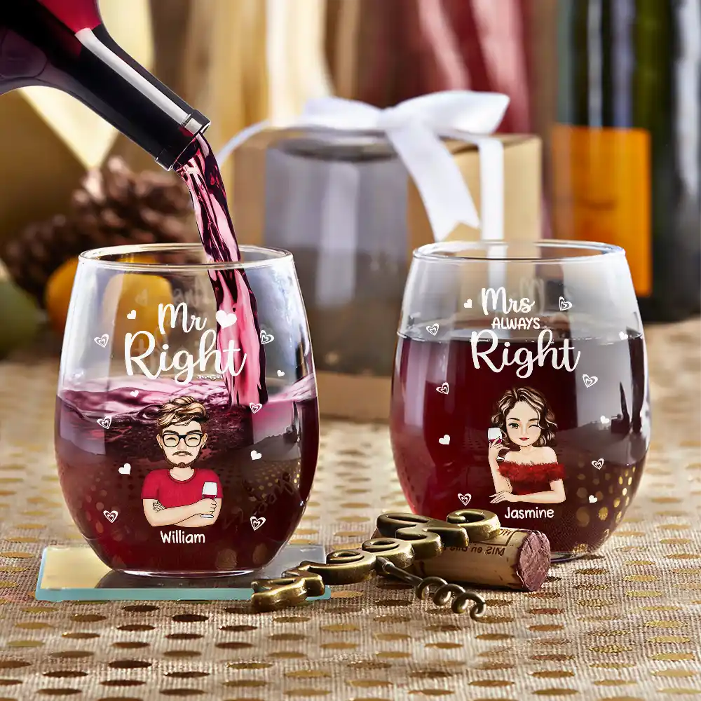 Gift For Couples, Gift For Husband, Gift For Wife, Gift For Boyfriend, Gift For Girlfriend - Couple Mr Right Mrs Always Right - Personalized Stemless Wine Glass