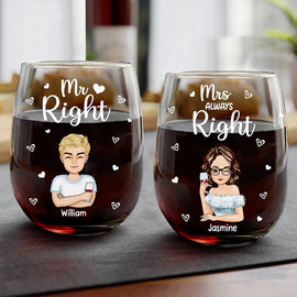 Gift For Couples, Gift For Husband, Gift For Wife, Gift For Boyfriend, Gift For Girlfriend - Couple Mr Right Mrs Always Right - Personalized Stemless Wine Glass