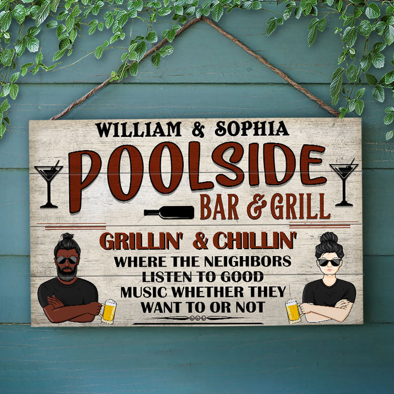 Bar & Grill Where The Neighbor - Swimming Pool Decor - Personalized Custom Wood Rectangle Sign