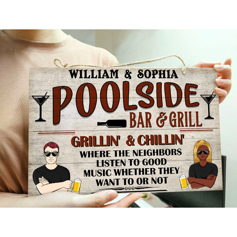 Bar & Grill Where The Neighbor - Swimming Pool Decor - Personalized Custom Wood Rectangle Sign