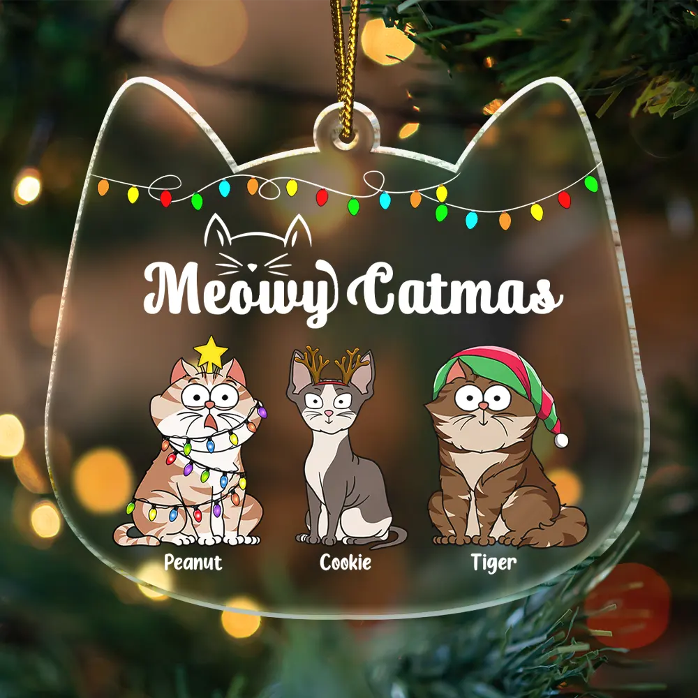 Meowy Catmas Funny Cartoon Cats - Christmas Gift For Cat Lovers - Personalized Custom Shaped Acrylic Ornament