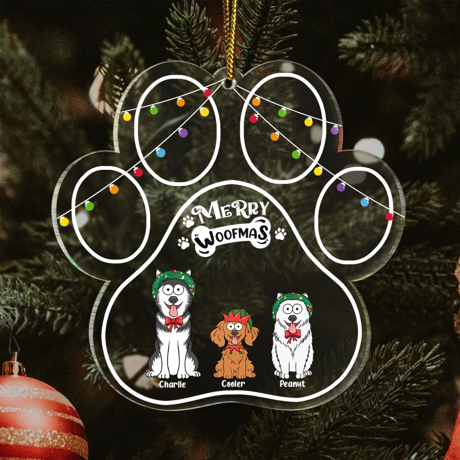 Paw Shape Merry Woofmas Funny Cartoon Dogs - Christmas Gift For Dog Lovers - Personalized Custom Shaped Acrylic Ornament