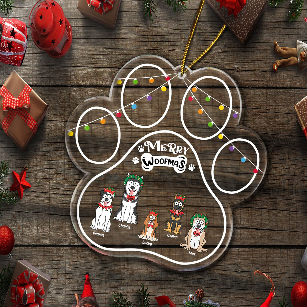 Paw Shape Merry Woofmas Funny Cartoon Dogs - Christmas Gift For Dog Lovers - Personalized Custom Shaped Acrylic Ornament