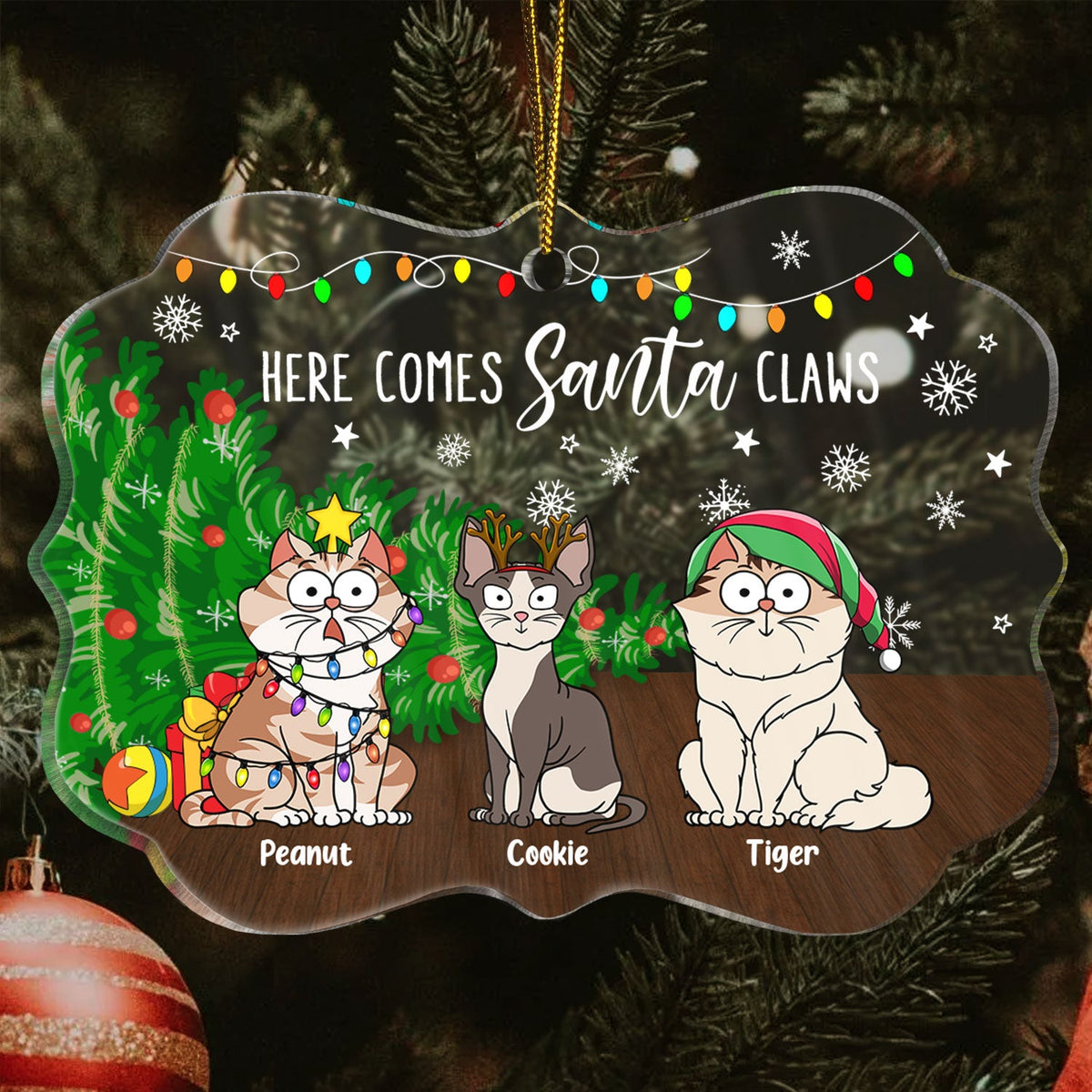 Here Comes Santa Claws Funny Cartoon Cats - Christmas Gift For Cat Lovers - Personalized Medallion Acrylic Ornament