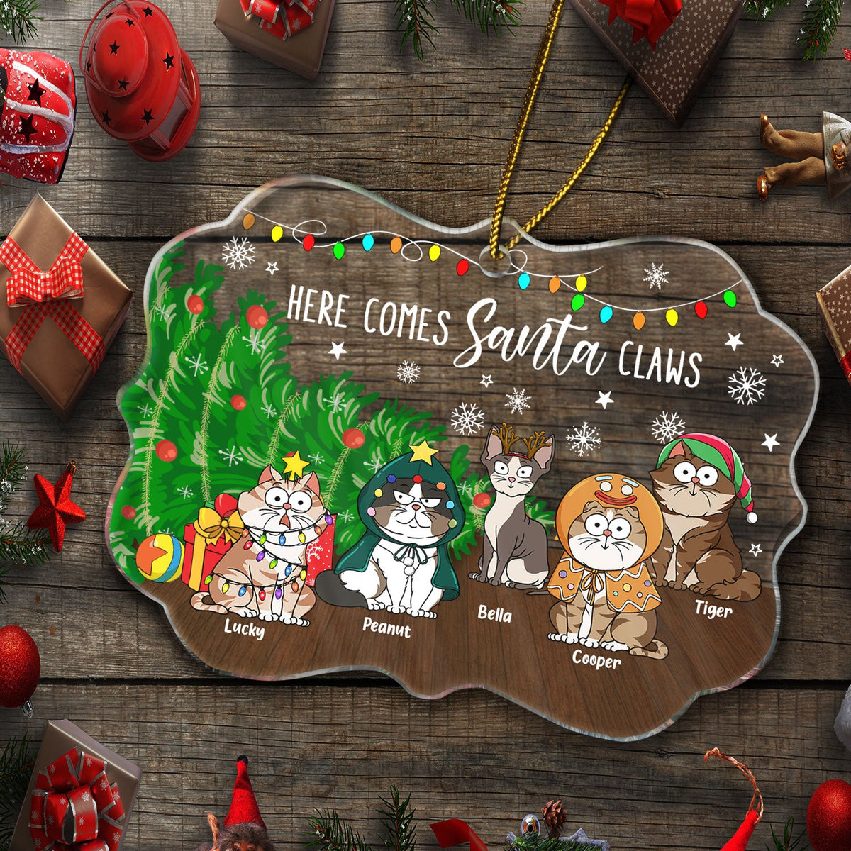 Here Comes Santa Claws Funny Cartoon Cats - Christmas Gift For Cat Lovers - Personalized Medallion Acrylic Ornament