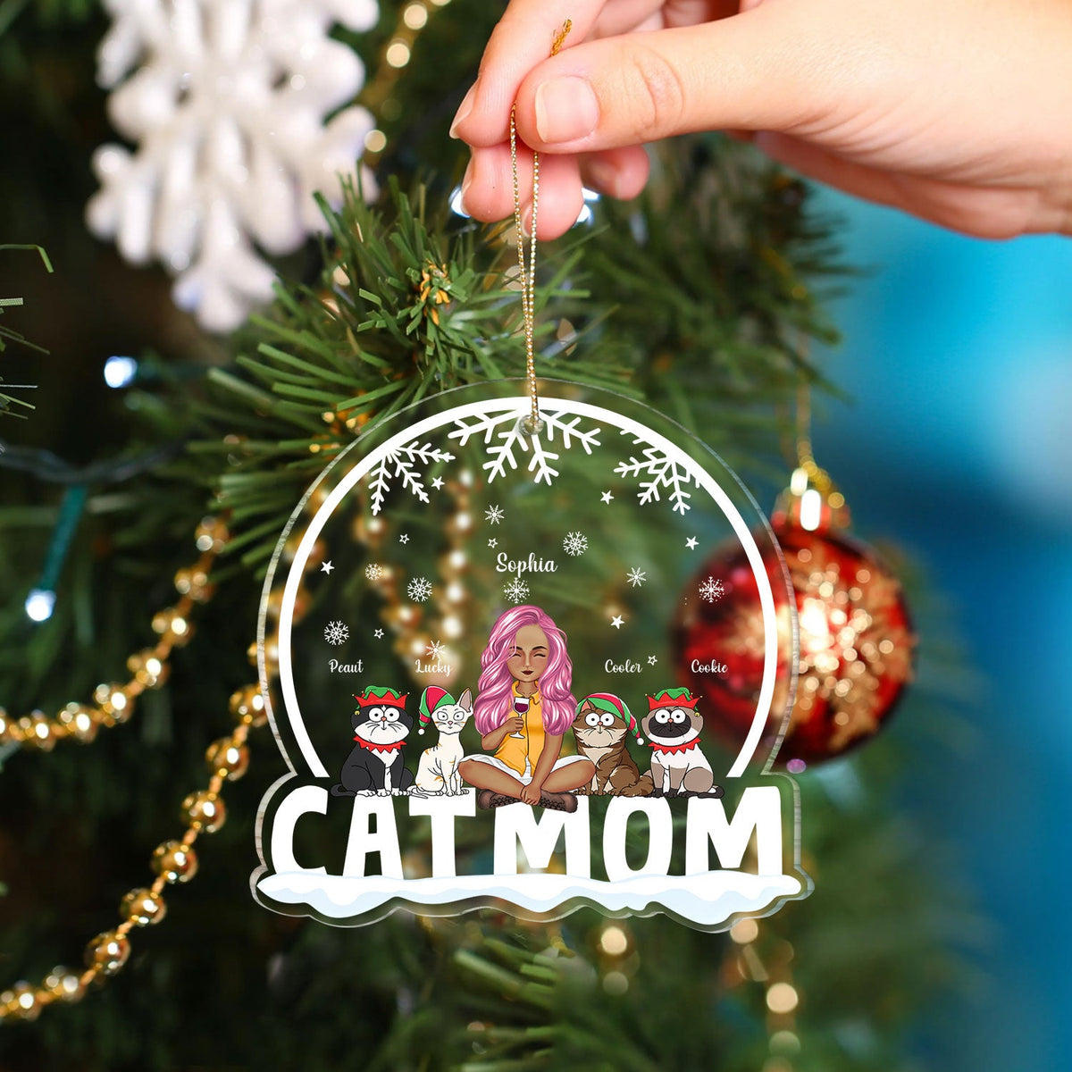 Cat Mom Funny Cartoon Cats Snowdome - Christmas Gift For Cat Lovers - Personalized Custom Shaped Acrylic Ornament