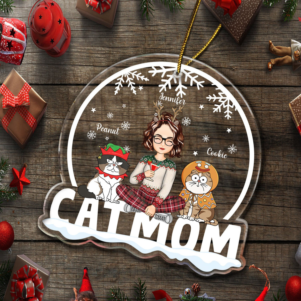 Cat Mom Funny Cartoon Cats Snowdome - Christmas Gift For Cat Lovers - Personalized Custom Shaped Acrylic Ornament