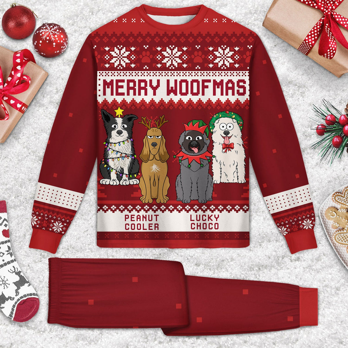 Feliz Navidog Merry Woofmas Funny Cartoon Dogs - Christmas Gift For Dog Lovers - Personalized Unisex Pajamas Set