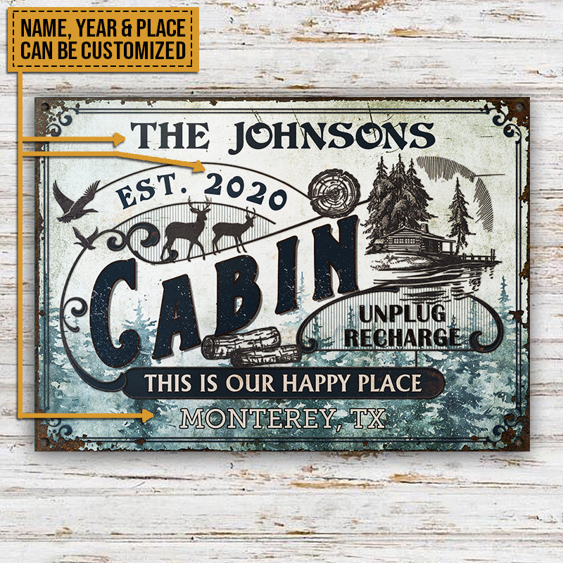 Personalized Log Cabin This Is Our Happy Place Custom Classic Metal Signs