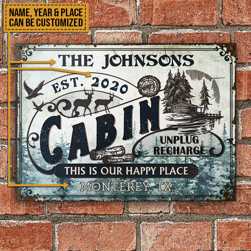 Personalized Log Cabin This Is Our Happy Place Custom Classic Metal Signs