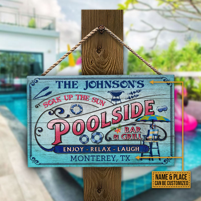 Personalized Pool Bar & Grill Pink And Blue Custom Wood Rectangle Sign