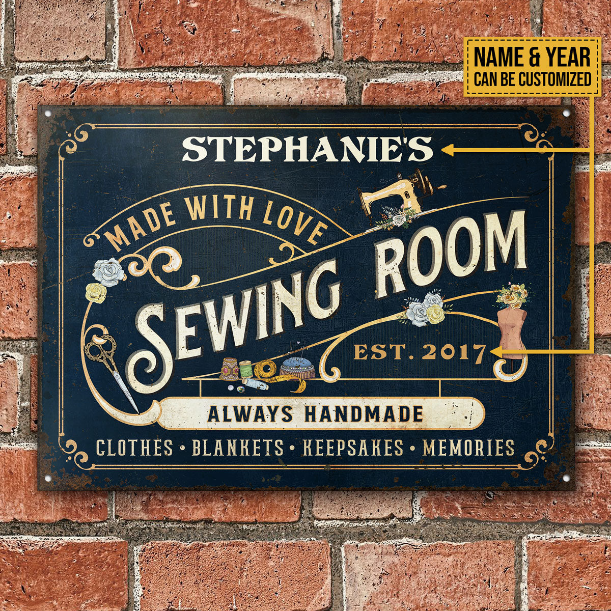 Personalized Sewing Room Made With Love Customized Classic Metal Signs