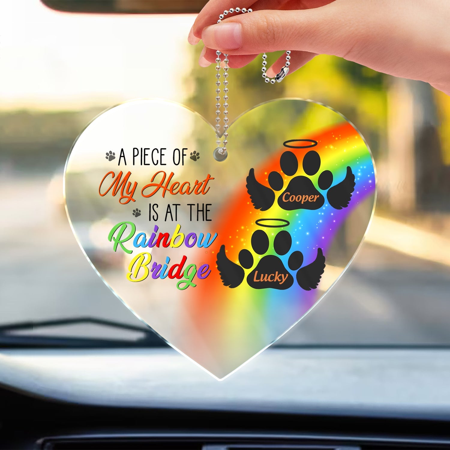 A Piece Of My Heart Is At The Rainbow Bridge - Pet Memorial Gift - Personalized Acrylic Car Hanger