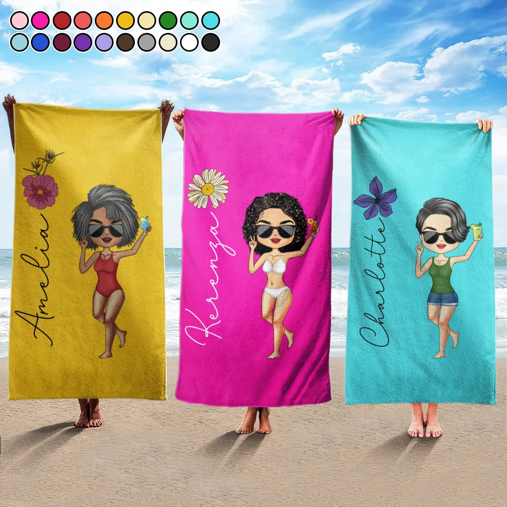 Chibi Girl With Birth Flower - Personalized Beach Towel