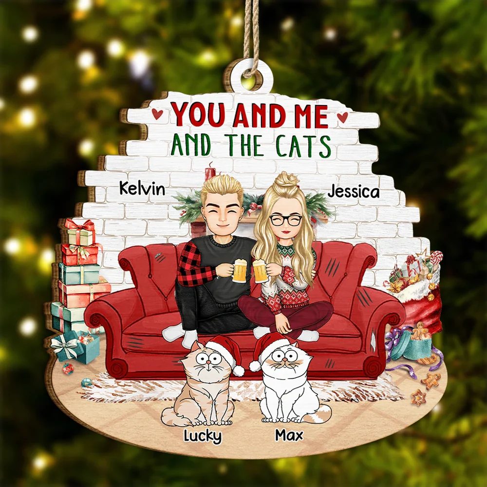 You And Me And The Cats - Personalized Custom Shaped Wooden Ornament