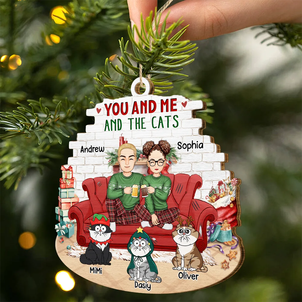 You And Me And The Cats - Personalized Custom Shaped Wooden Ornament