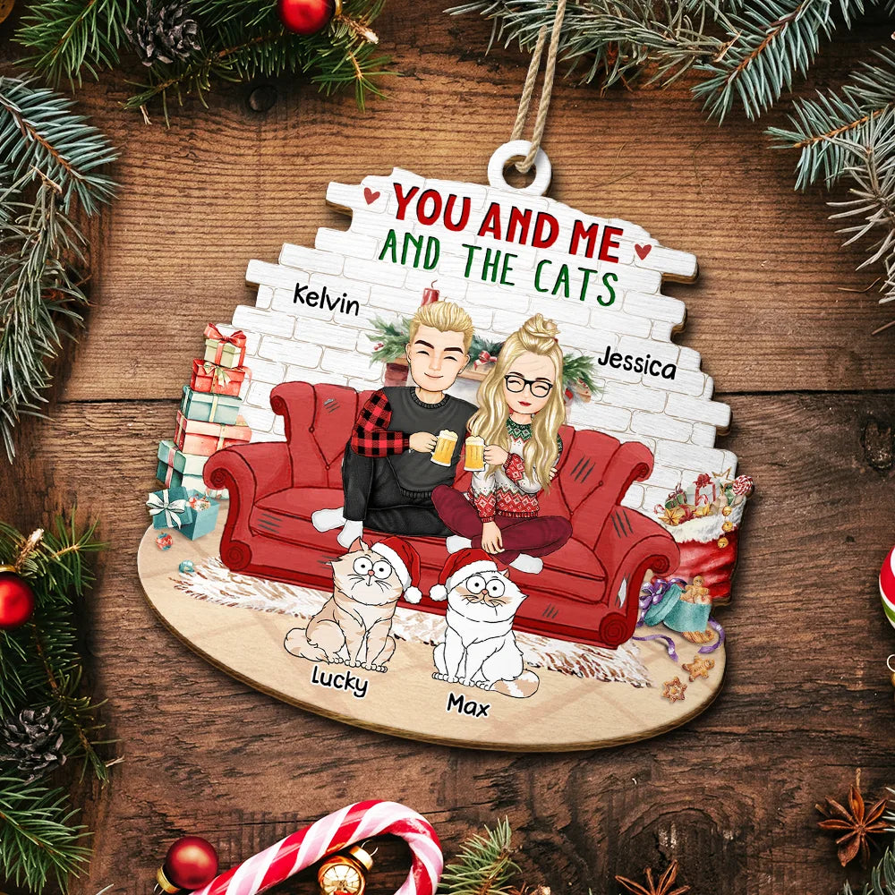 You And Me And The Cats - Personalized Custom Shaped Wooden Ornament