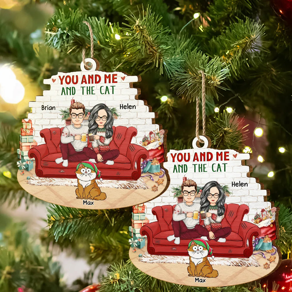 You And Me And The Cats - Personalized Custom Shaped Wooden Ornament