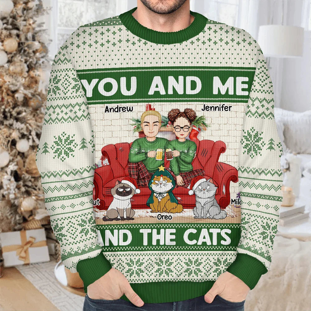 You And Me And The Cat - Personalized Unisex Ugly Sweater