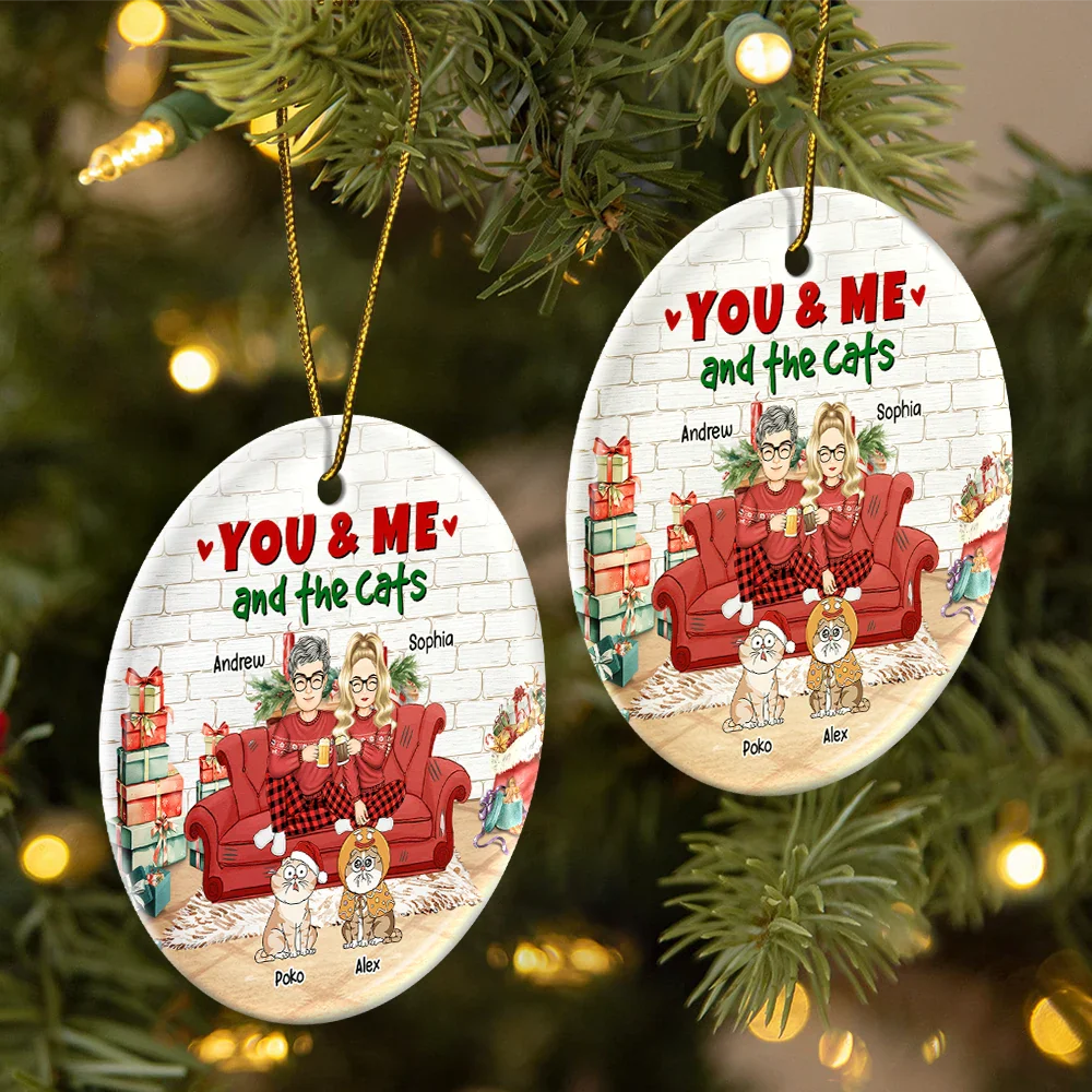 You And Me And The Cats Christmas - Personalized Circle Ceramic Ornament