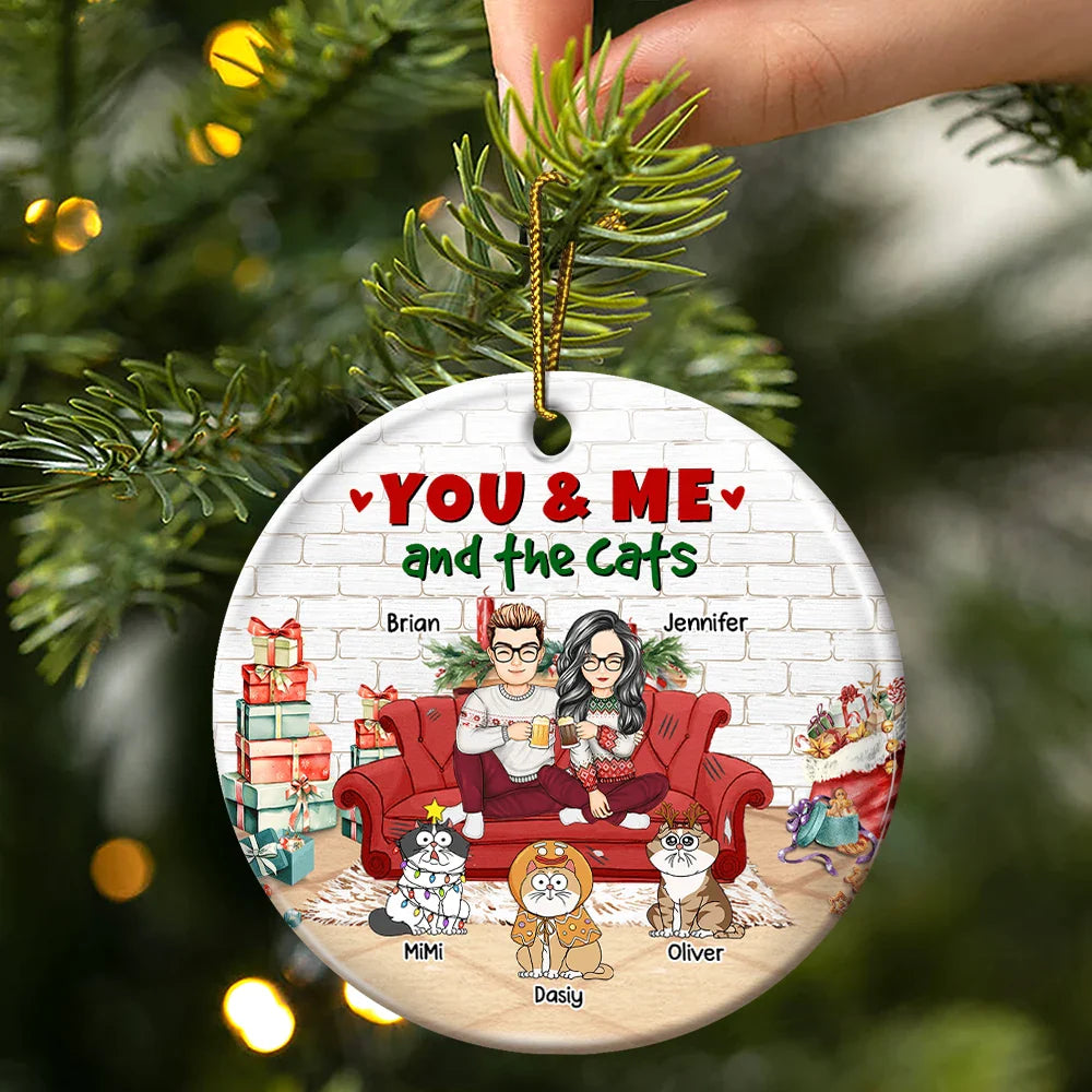 You And Me And The Cats Christmas - Personalized Circle Ceramic Ornament