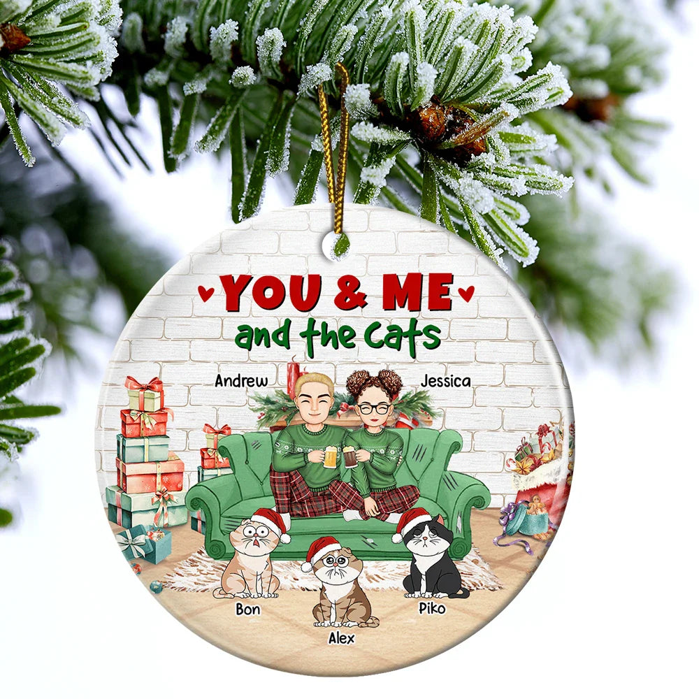 You And Me And The Cats Christmas - Personalized Circle Ceramic Ornament