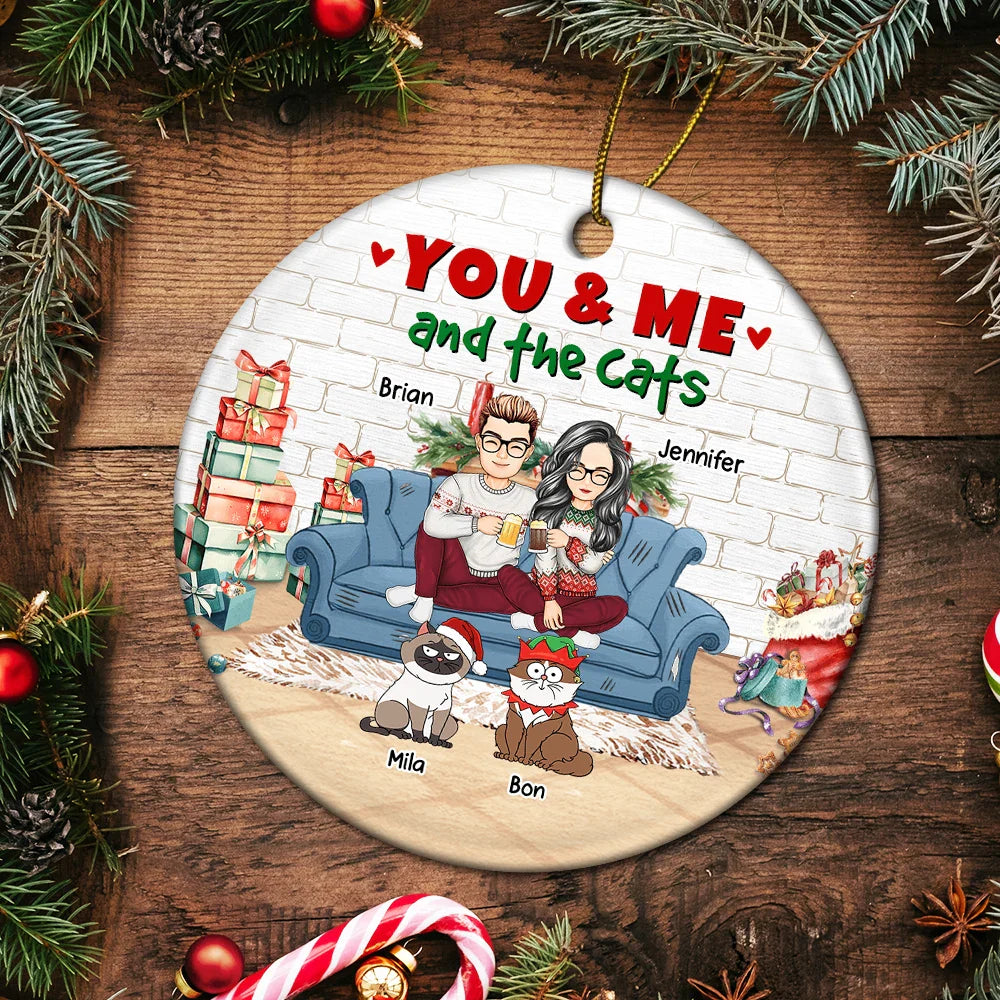 You And Me And The Cats Christmas - Personalized Circle Ceramic Ornament