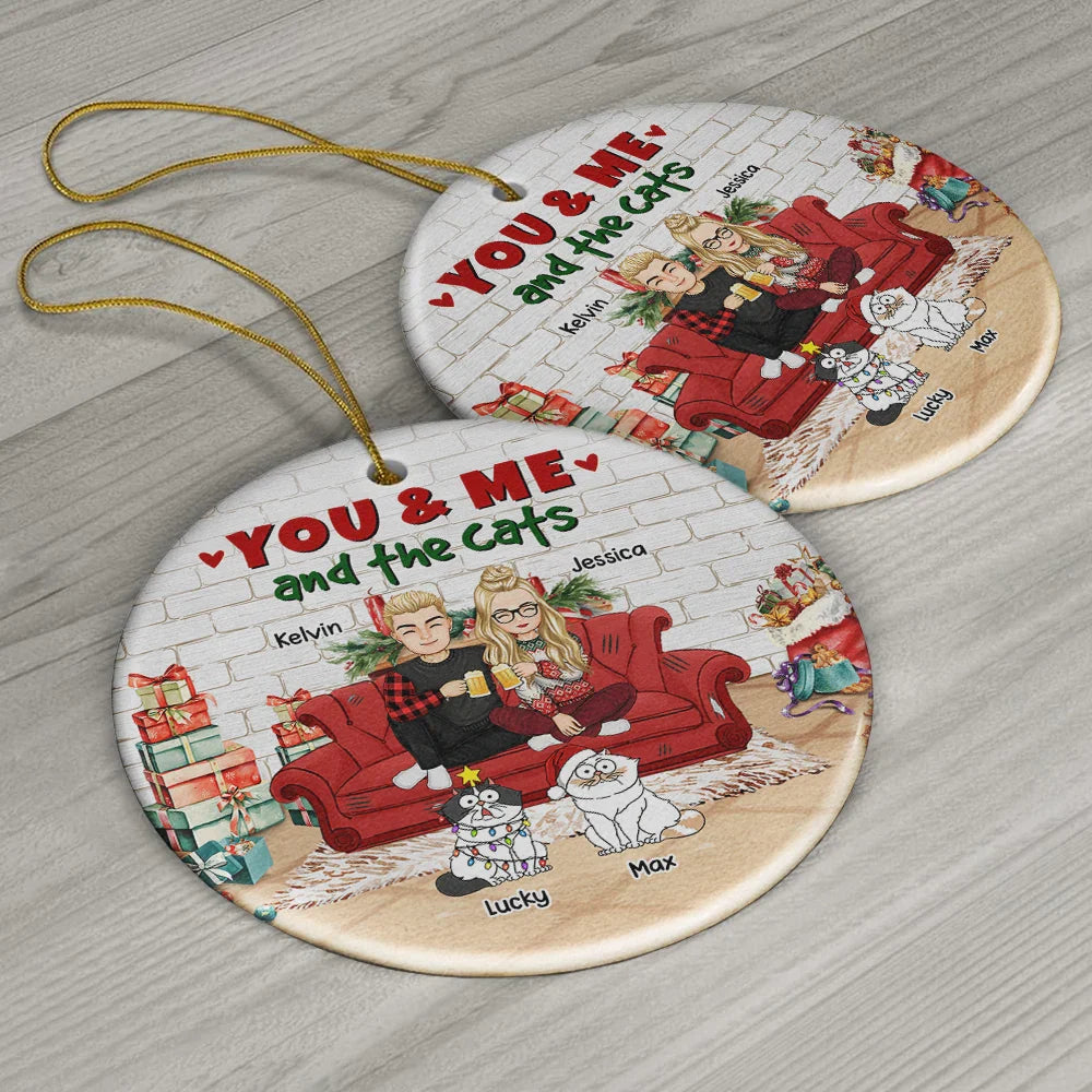 You And Me And The Cats Christmas - Personalized Circle Ceramic Ornament