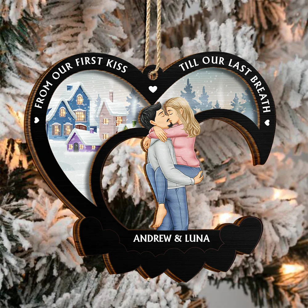 From Our First Kiss Couple Christmas - Personalized 2-Layered Wooden Ornament