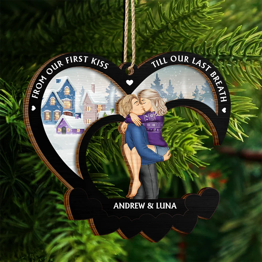 From Our First Kiss Couple Christmas - Personalized 2-Layered Wooden Ornament