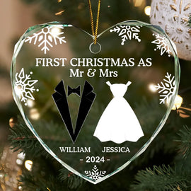 First Christmas As Married Couples - Personalized Heart Shaped Glass Ornament