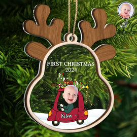 Gift For Kids - Custom Photo Reindeer Baby First Christmas - Personalized 2-Layered Mix Ornament
