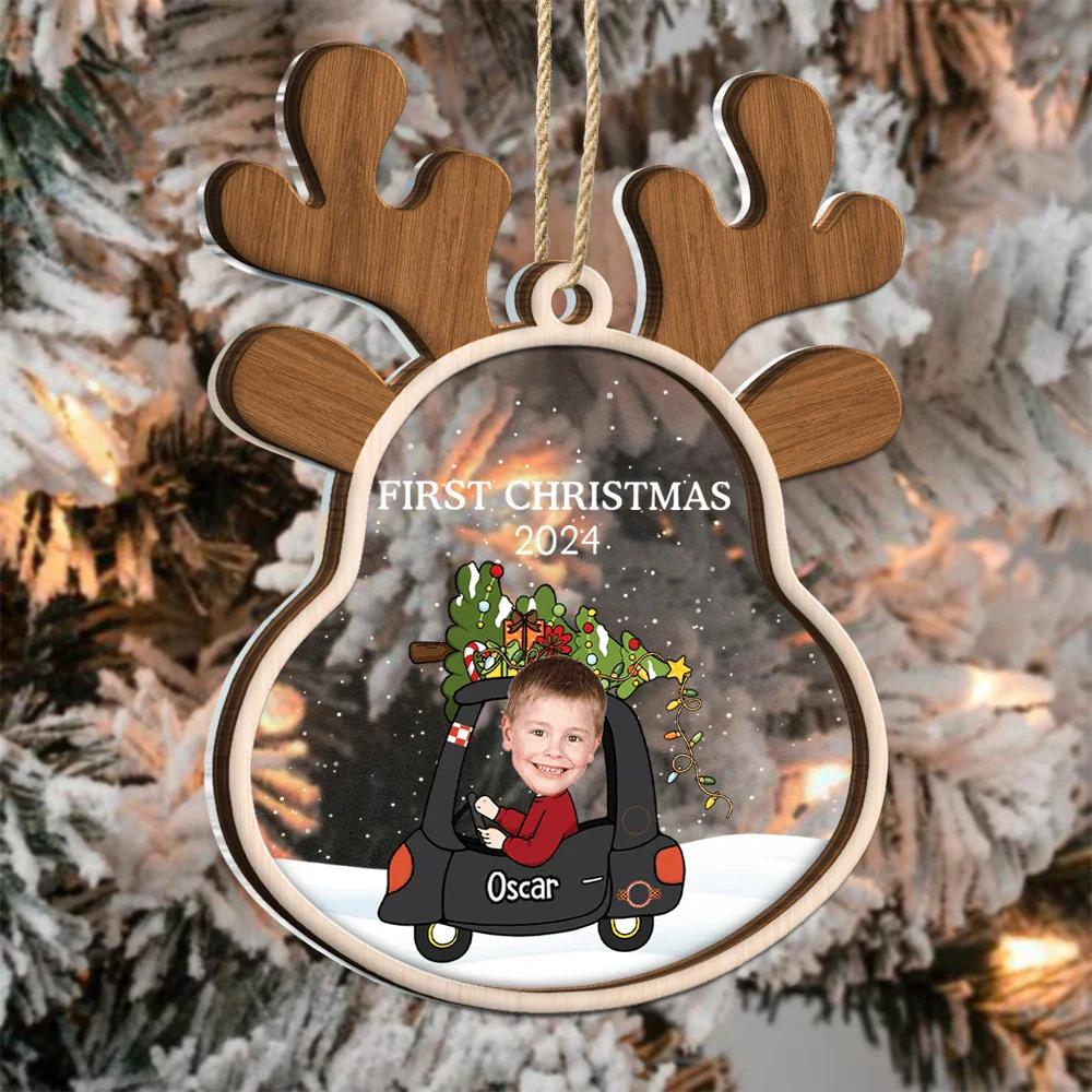 Gift For Kids - Custom Photo Reindeer Baby First Christmas - Personalized 2-Layered Mix Ornament
