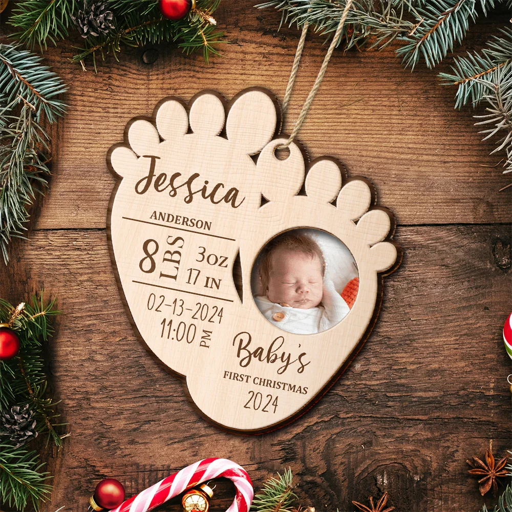 Gift For Kids - Custom Photo Baby's First Christmas - Personalized 2-Layered Wooden Ornament