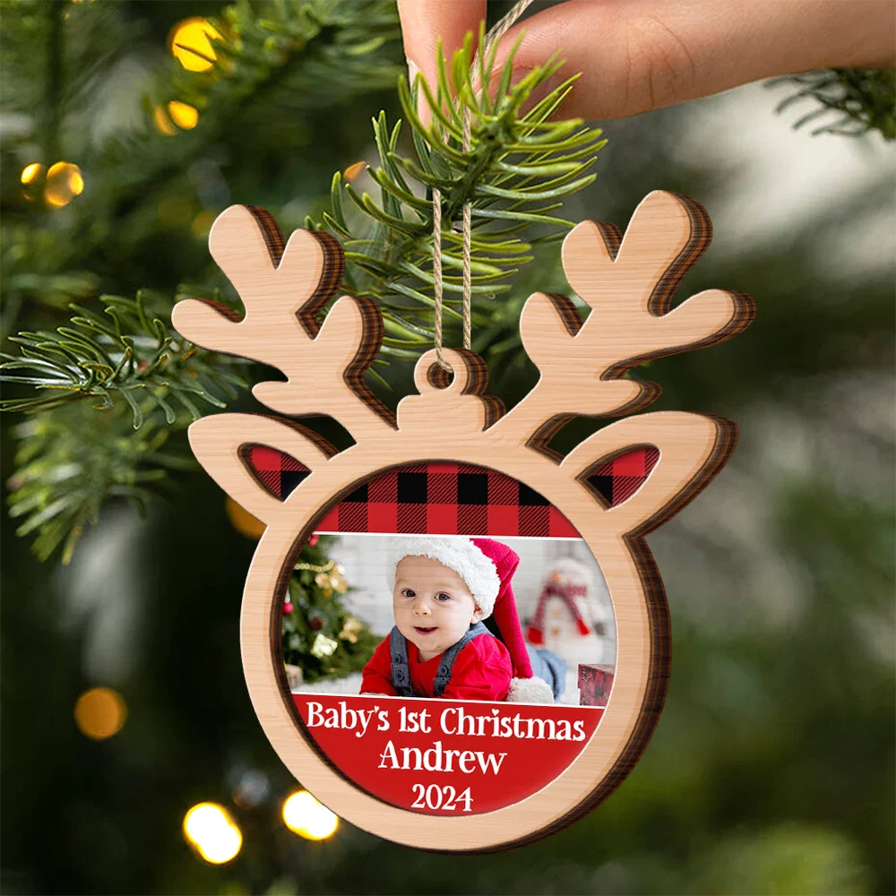 Custom Photo,Christmas,Gift For Kids,Happy - Custom Photo Baby's 1st Christmas - Personalized 2-Layered Wooden Ornament