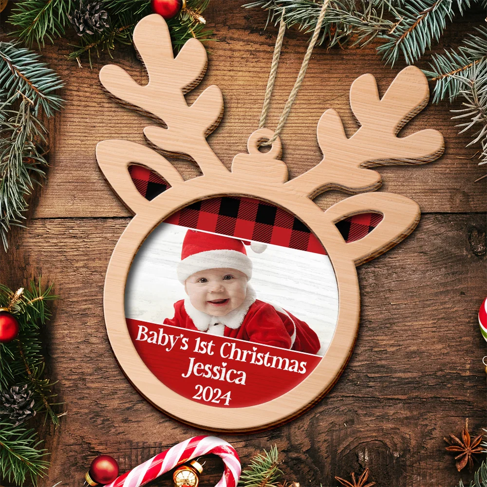 Custom Photo,Christmas,Gift For Kids,Happy - Custom Photo Baby's 1st Christmas - Personalized 2-Layered Wooden Ornament