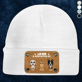 Pet Lovers - Loved And Protected By Cute Dogs & Cats With Big Eyes - Personalized Beanie With Leather Patch