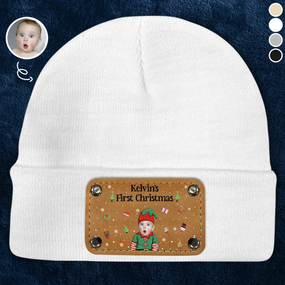 Christmas,Custom Photo,New baby,Happy - Custom Photo Baby's First Christmas - Personalized Beanie With Leather Patch