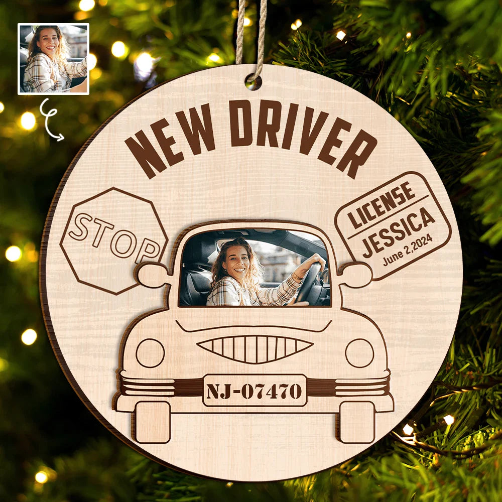 Gift For Yourself, Gift For Women, Gift For Men - Custom Photo New Driver Christmas - Personalized 2-Layered Wooden Ornament