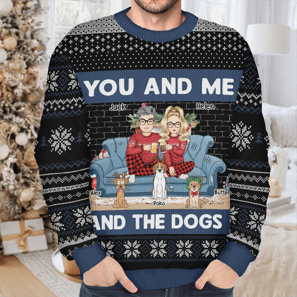 Pet Couple - You And Me And The Dogs Cartoon - Personalized Unisex Ugly Sweater